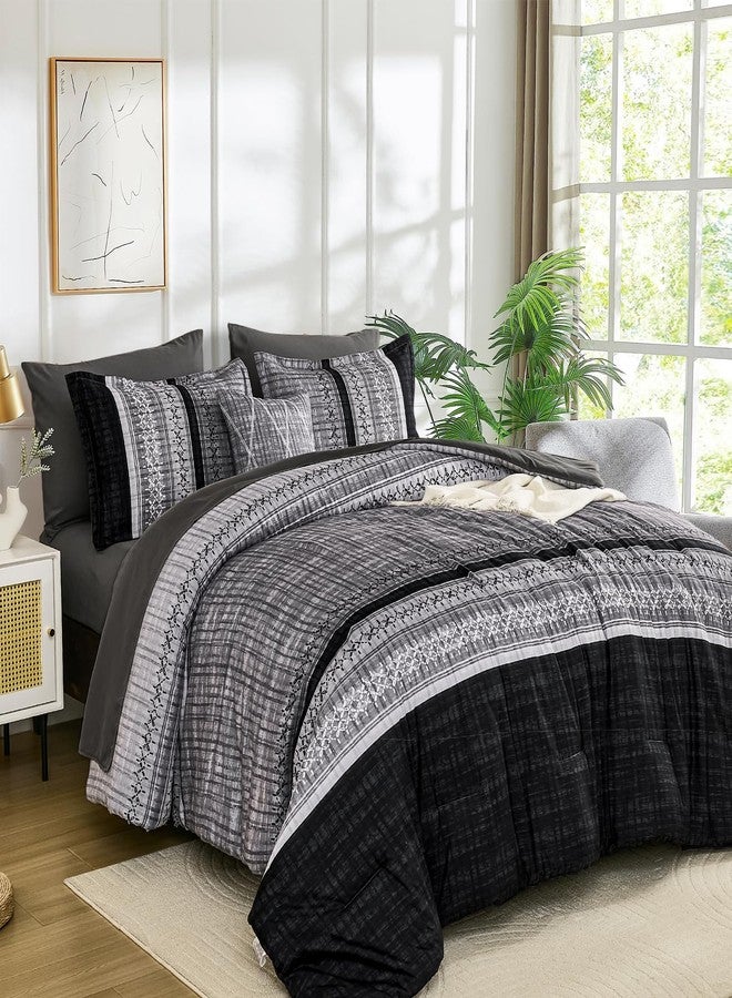 Dintszyayue Black Comforter Set King Size, 8 Pieces Boho Striped Bed in a Bag Soft Microfiber Bedding Set for All Season - Image 1