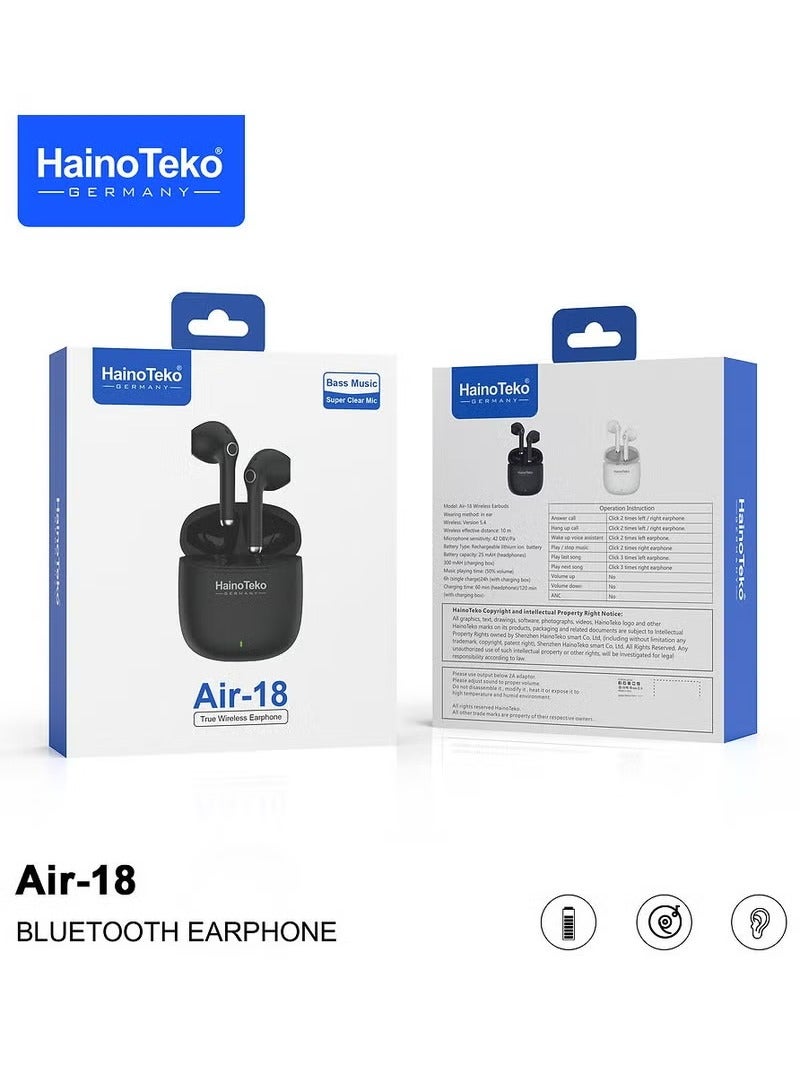 Haino Teko Air 18 True Wireless Earbuds with Bluetooth 5.0 Super Clear Microphone Multi Functional Touch Control Noise Cancelling Sweatproof Portable Wireless Earphones Hands Free Calling Designed for Android Mobiles and Tablets Black In Ear Wireless Headphones - Image 2