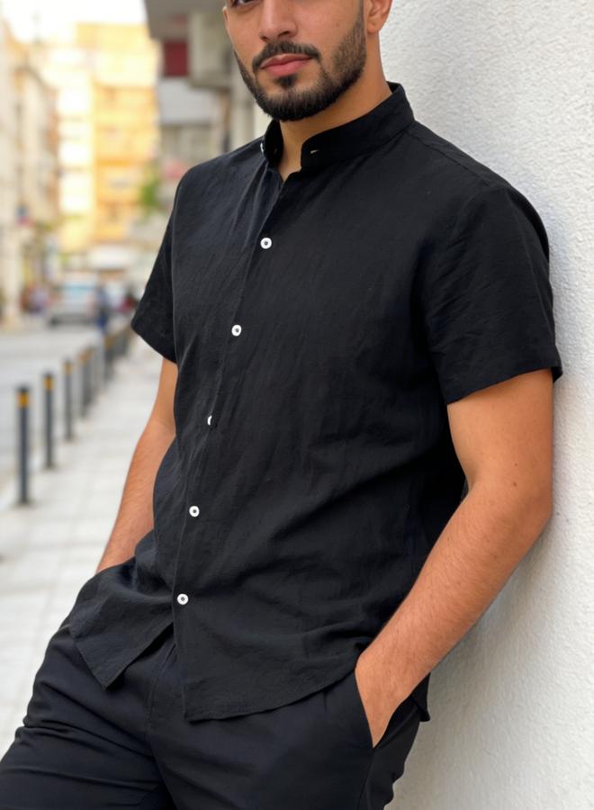 Take Two Men Black Mandarin Collar Short Sleeve Shirt - Image 1