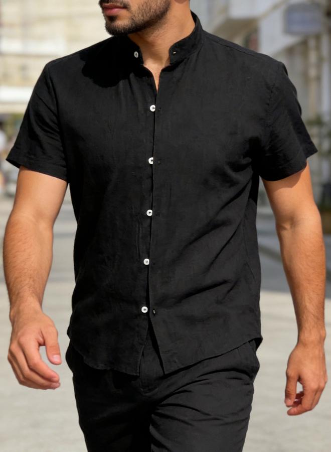 Take Two Men Black Mandarin Collar Short Sleeve Shirt - Image 2