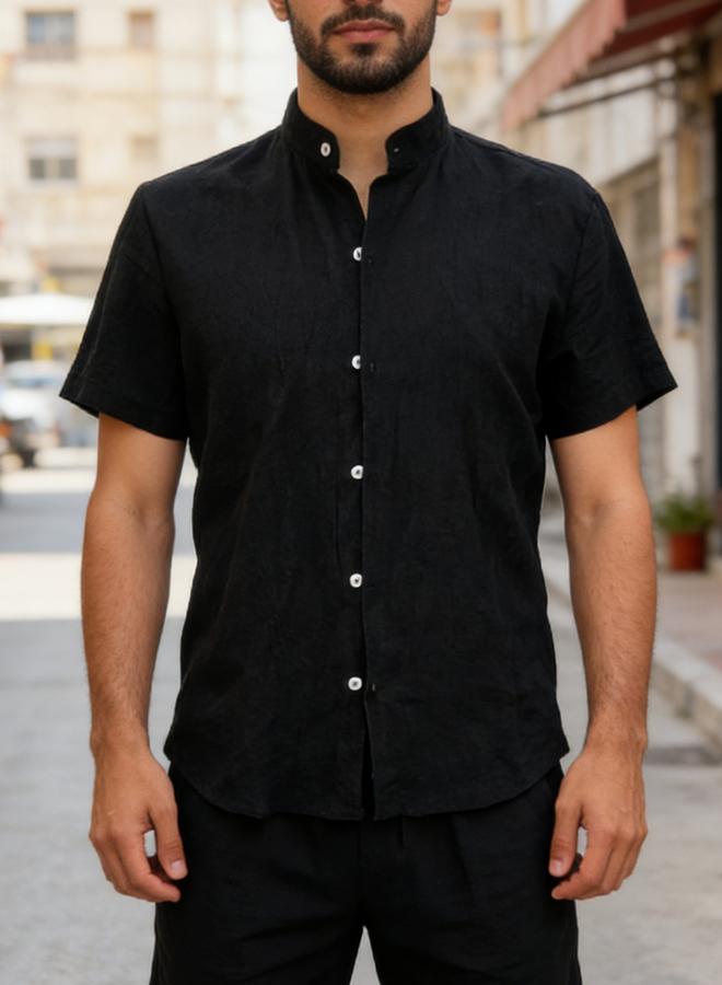 Take Two Men Black Mandarin Collar Short Sleeve Shirt - Image 4