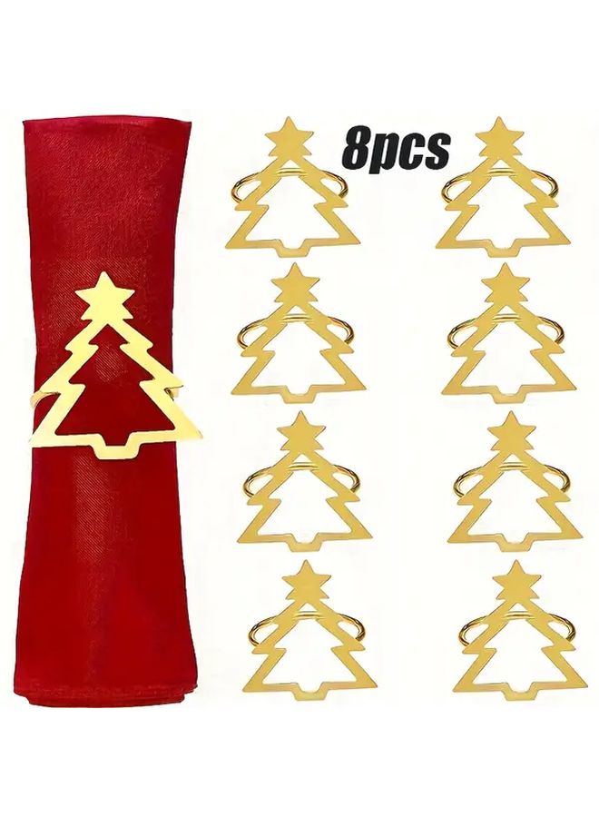 Golden Christmas Tree Napkin Rings Set 8pcs Festive Holiday Table Decor - Image 1