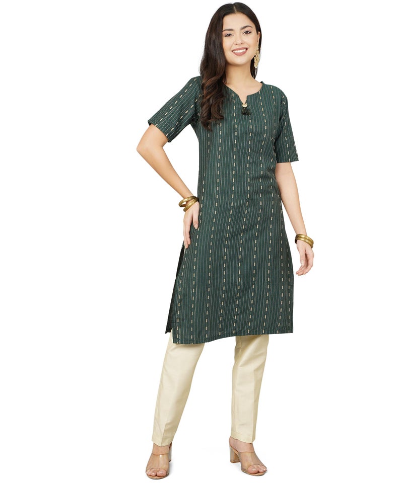 ANUSHIL Cotton Dobby Woven Design V- Neck Elbow Sleeves Knee Length Kurta for Women's and Girl's (Color:-Green, Size:-M) - Image 1