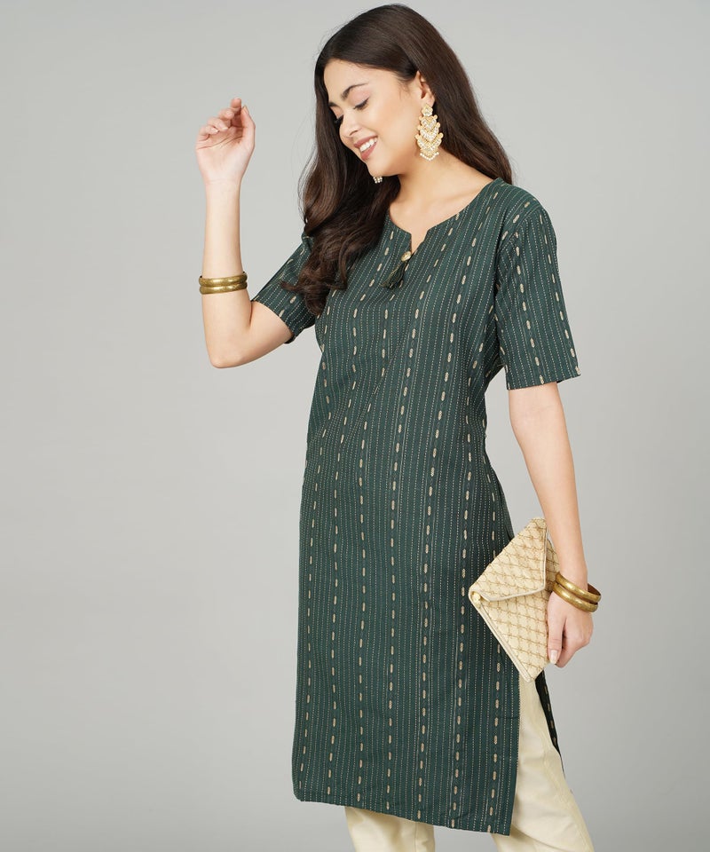 ANUSHIL Cotton Dobby Woven Design V- Neck Elbow Sleeves Knee Length Kurta for Women's and Girl's (Color:-Green, Size:-M) - Image 4