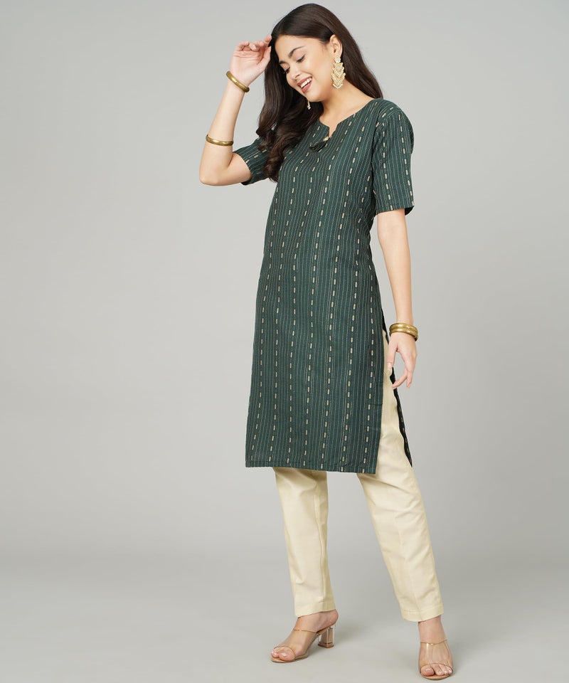 ANUSHIL Cotton Dobby Woven Design V- Neck Elbow Sleeves Knee Length Kurta for Women's and Girl's (Color:-Green, Size:-M) - Image 5