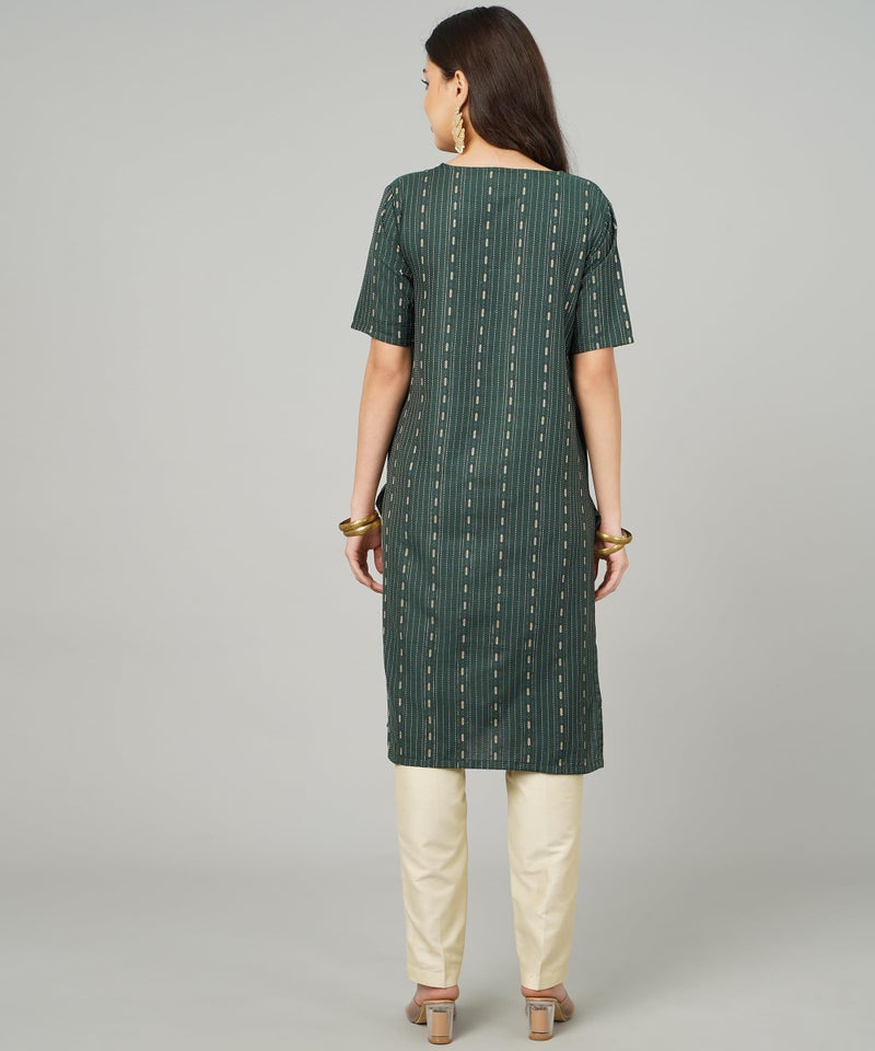 ANUSHIL Cotton Dobby Woven Design V- Neck Elbow Sleeves Knee Length Kurta for Women's and Girl's (Color:-Green, Size:-M) - Image 3