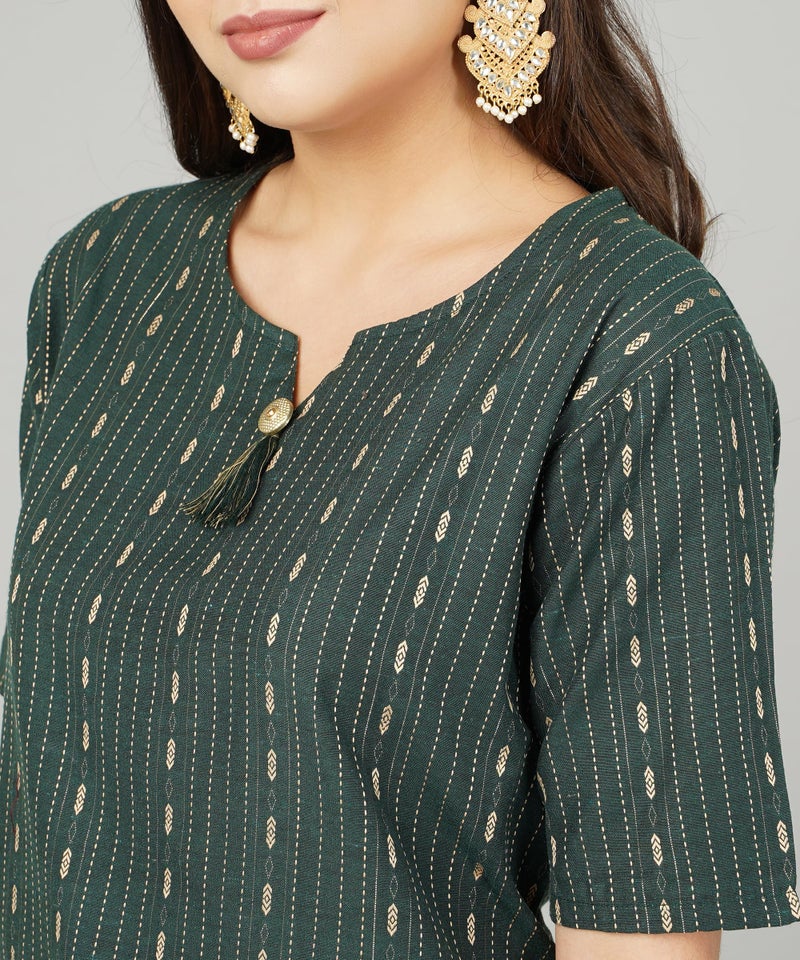ANUSHIL Cotton Dobby Woven Design V- Neck Elbow Sleeves Knee Length Kurta for Women's and Girl's (Color:-Green, Size:-M) - Image 2