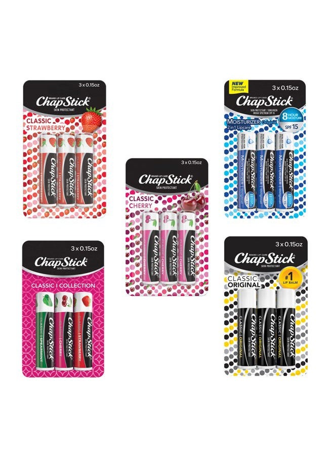 chapstick Classic Collection Flavored Lip Balm Tubes Pack, Lip Moisturizer - 0.15 Oz (Box of 5 Packs of 3)  - Image 1