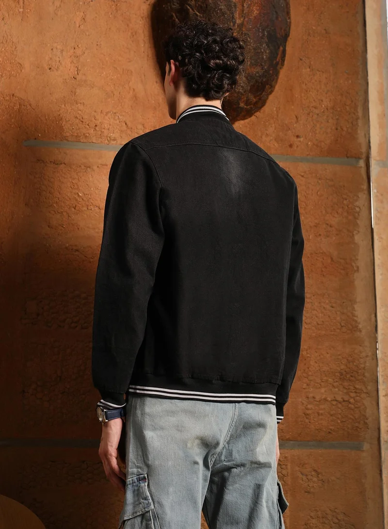 Campus Sutra Campus Sutra Men's Onyx Black Dark-Wash Tinted Denim Jacket | Tipping Baseball Collar , Tipping Cuff Sleeves , Button Closure , Straight Hem | Solid Twill For Casual & Daily Wear