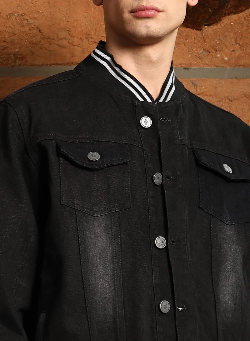 Campus Sutra Campus Sutra Men's Onyx Black Dark-Wash Tinted Denim Jacket | Tipping Baseball Collar , Tipping Cuff Sleeves , Button Closure , Straight Hem | Solid Twill For Casual & Daily Wear