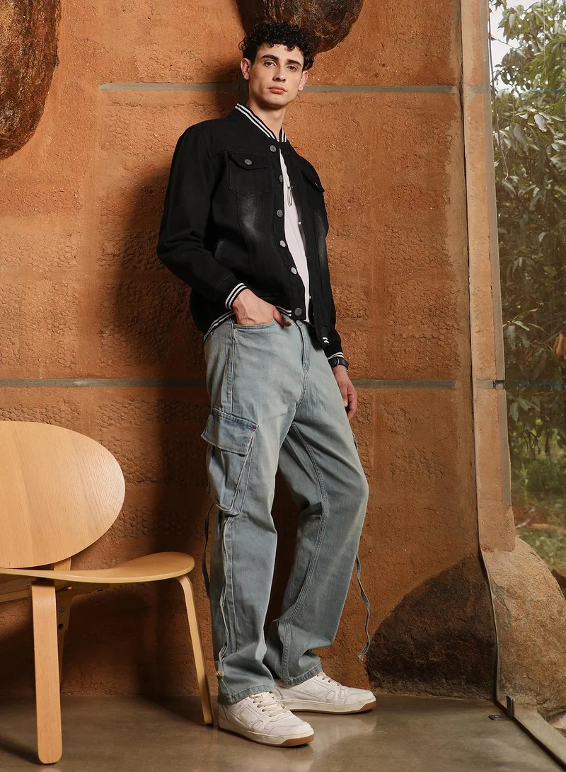 Campus Sutra Campus Sutra Men's Onyx Black Dark-Wash Tinted Denim Jacket | Tipping Baseball Collar , Tipping Cuff Sleeves , Button Closure , Straight Hem | Solid Twill For Casual & Daily Wear