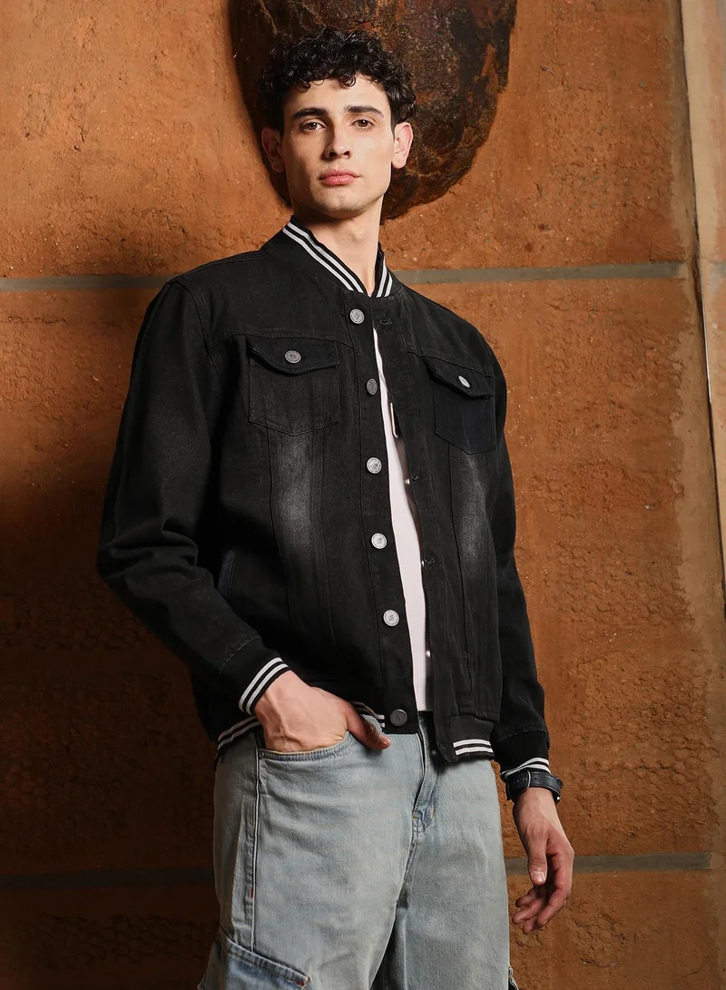 Campus Sutra Campus Sutra Men's Onyx Black Dark-Wash Tinted Denim Jacket | Tipping Baseball Collar , Tipping Cuff Sleeves , Button Closure , Straight Hem | Solid Twill For Casual & Daily Wear