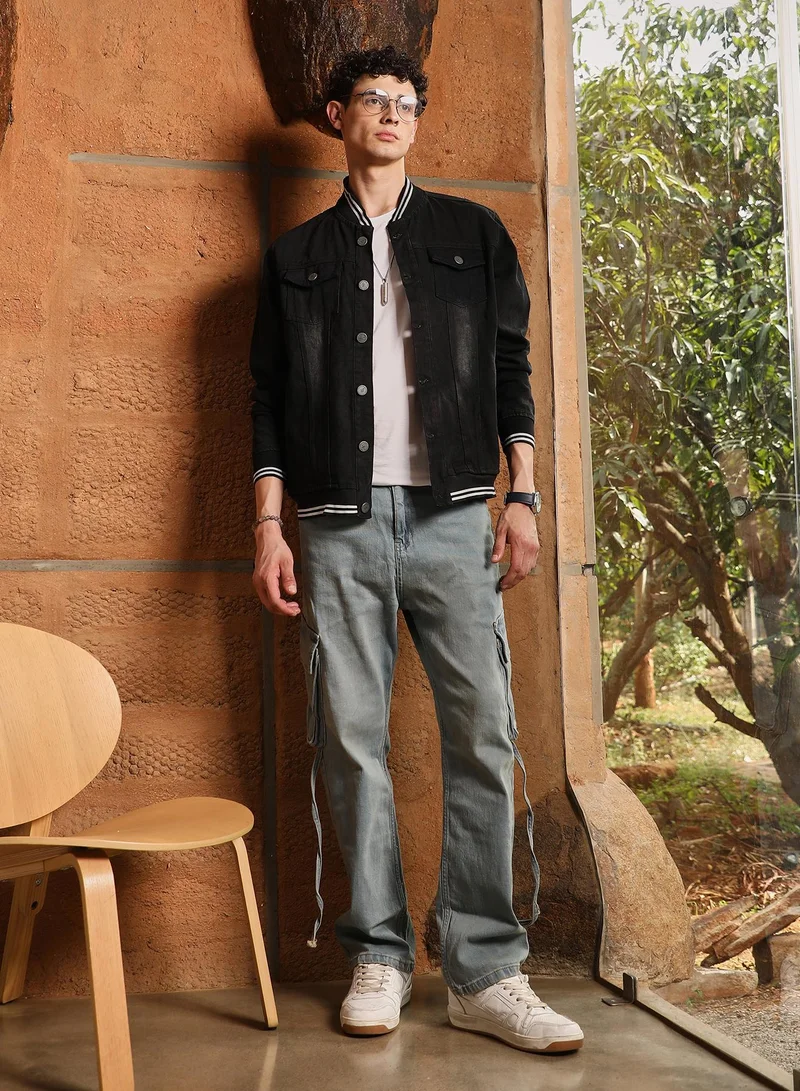 Campus Sutra Campus Sutra Men's Onyx Black Dark-Wash Tinted Denim Jacket | Tipping Baseball Collar , Tipping Cuff Sleeves , Button Closure , Straight Hem | Solid Twill For Casual & Daily Wear