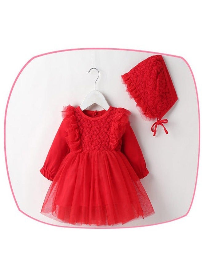 general فستان أميرة للبنات الصغيرات، فستان تول بأكمام طويلة من الدانتيل، فستان حفلة مع قبعة - Image 3