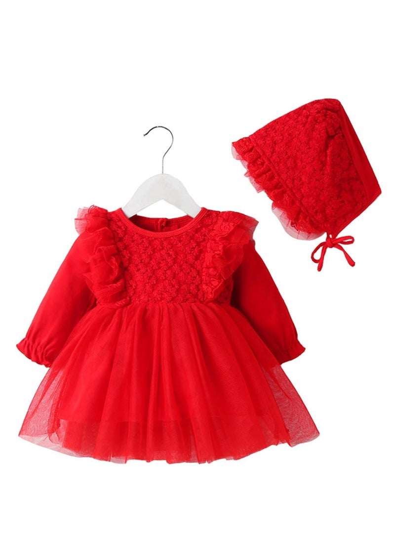 general فستان أميرة للبنات الصغيرات، فستان تول بأكمام طويلة من الدانتيل، فستان حفلة مع قبعة - Image 1