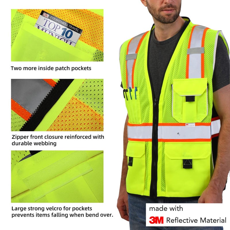 Dib Safety Vest Reflective Yellow Mesh, High Visibility Vest with Pockets and Zipper, ANSI Class 2 Heavy Duty, Made with 3M Reflective Tape M - Image 4