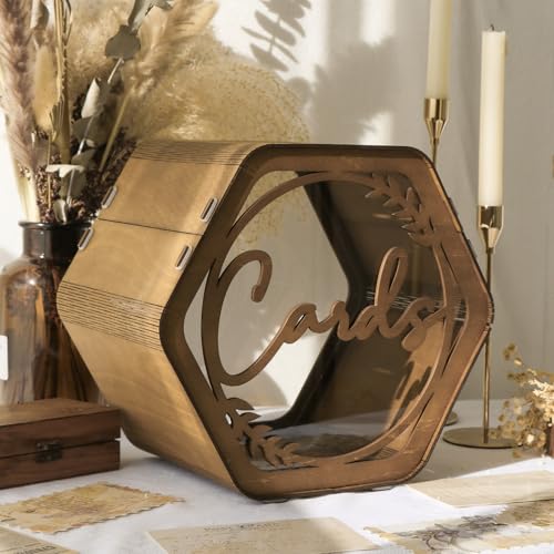 OurWarm Wedding Card Box for Party Hexagon Brown Wedding Card Boxes for Reception Wooden Wedding Box for Cards and Money Rustic Graduation Gift Card Box for Wedding Decor Baby Shower Birthday - Image 1