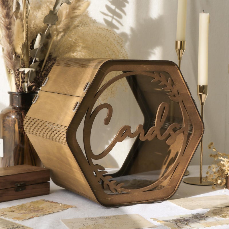 OurWarm Wedding Card Box for Party Hexagon Brown Wedding Card Boxes for Reception Wooden Wedding Box for Cards and Money Rustic Graduation Gift Card Box for Wedding Decor Baby Shower Birthday - Image 2