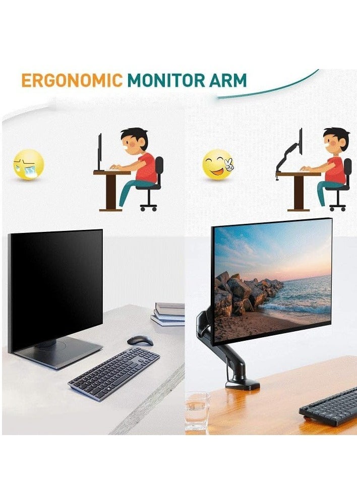 JAJEEK Single Monitor Arm for 13-32 Inch Screens – Gas Spring Arm with 360 Degree Swivel, VESA 75x75/100x100mm, C-Clamp Base and Metal Ring, Adjustable Mount for Screens up to 8kg, Ergonomic Desk Mount  - Image 3
