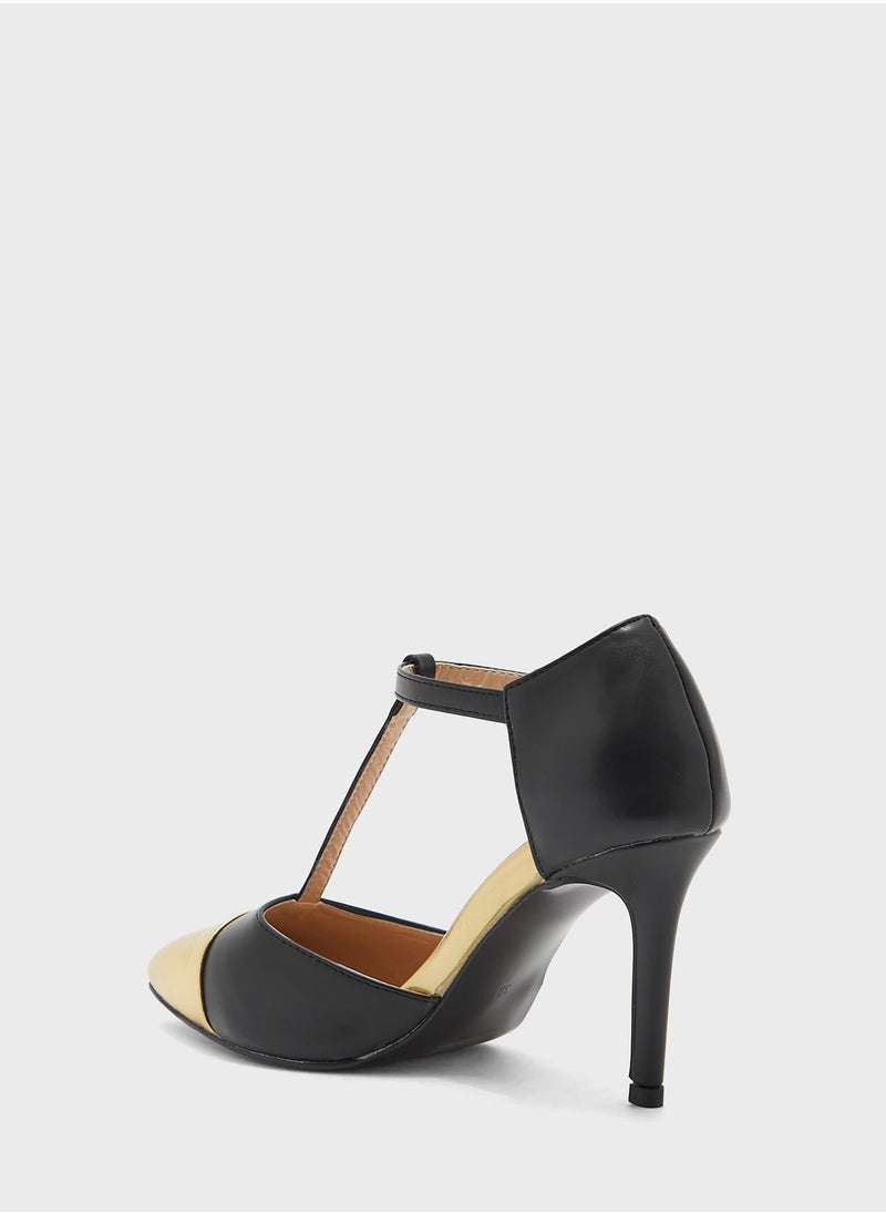 Metallic Toecap Ankle Strap Pointed Pump