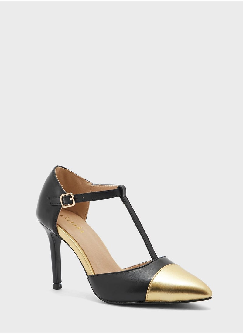 Metallic Toecap Ankle Strap Pointed Pump
