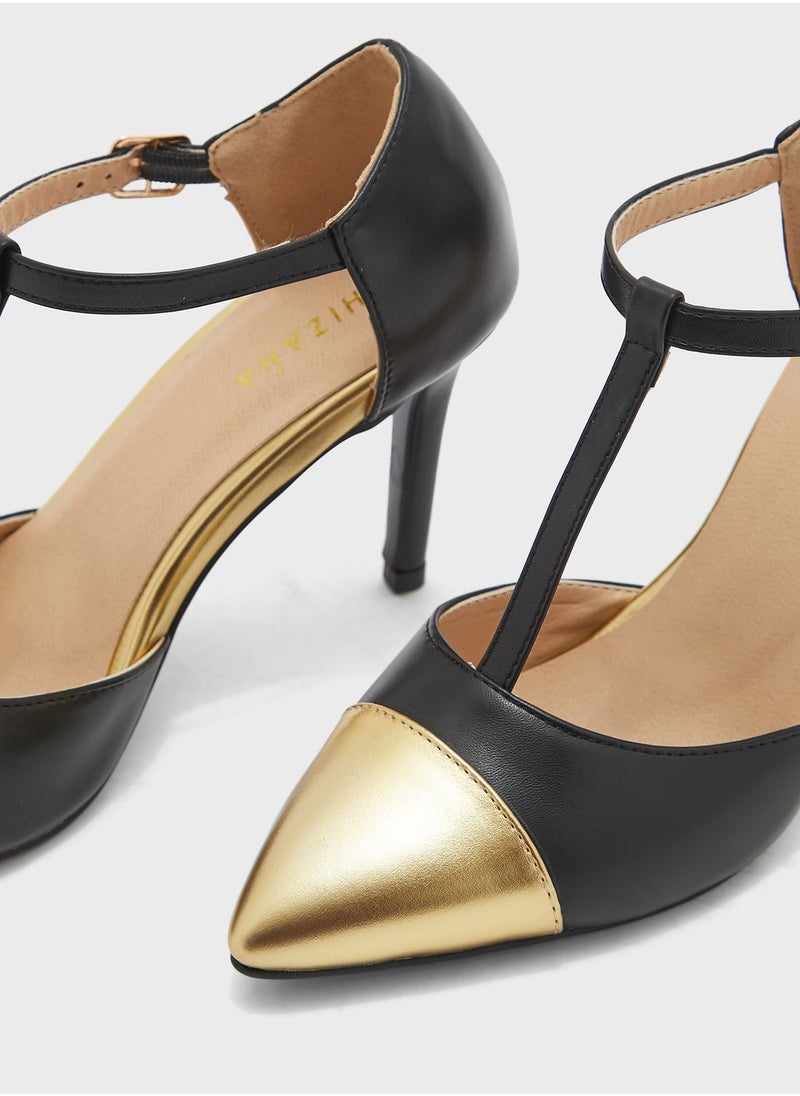 Metallic Toecap Ankle Strap Pointed Pump