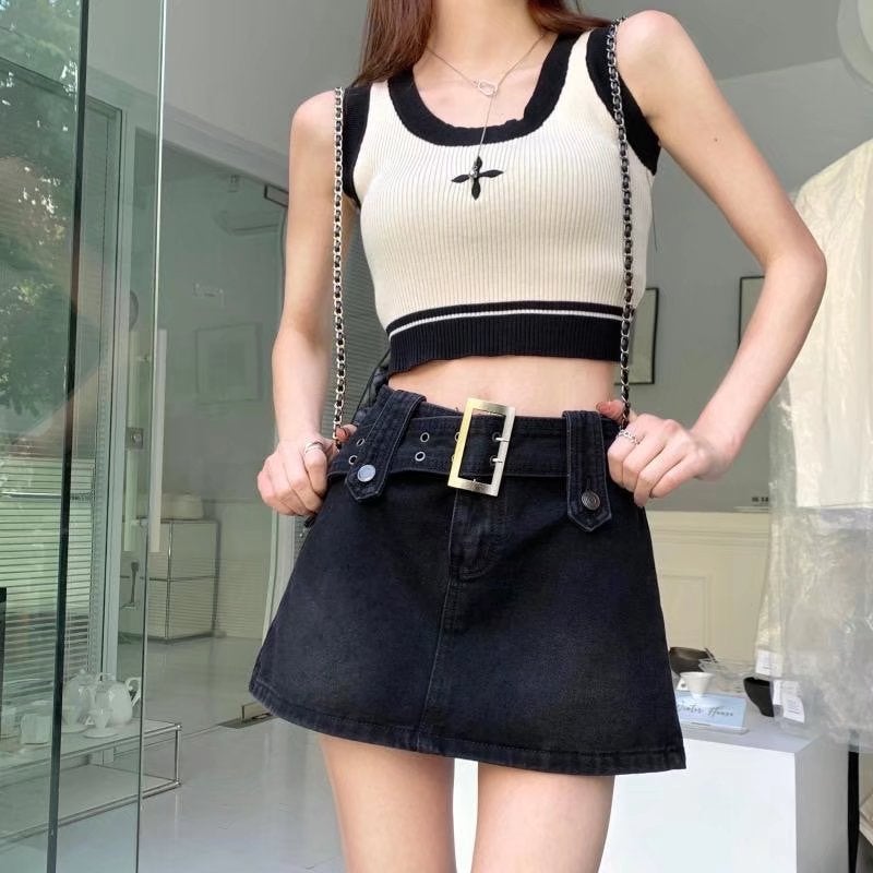 Black Denim short skirt womens summer thin 2024 new hot girl A- line skirt high waist culottes hip skirt Black