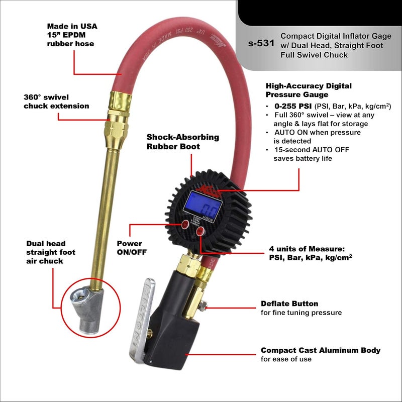 Milton S-531 Compact Digital Tire Inflator with Pressure Gauge, 255 PSI - Image 5