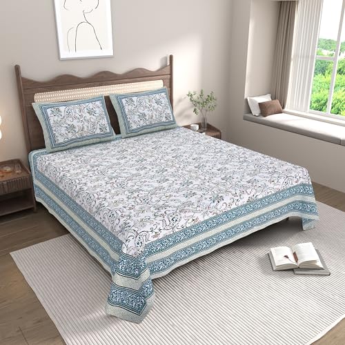 EasyGoods® 240 TC Pure Cotton Bedsheet for Double Bed, King & Queen Size Bed, Jaipuri Rajasthani Design with 2 Pillow Covers, Extra Soft & Wrinkle Free (Sea Green) - Image 1