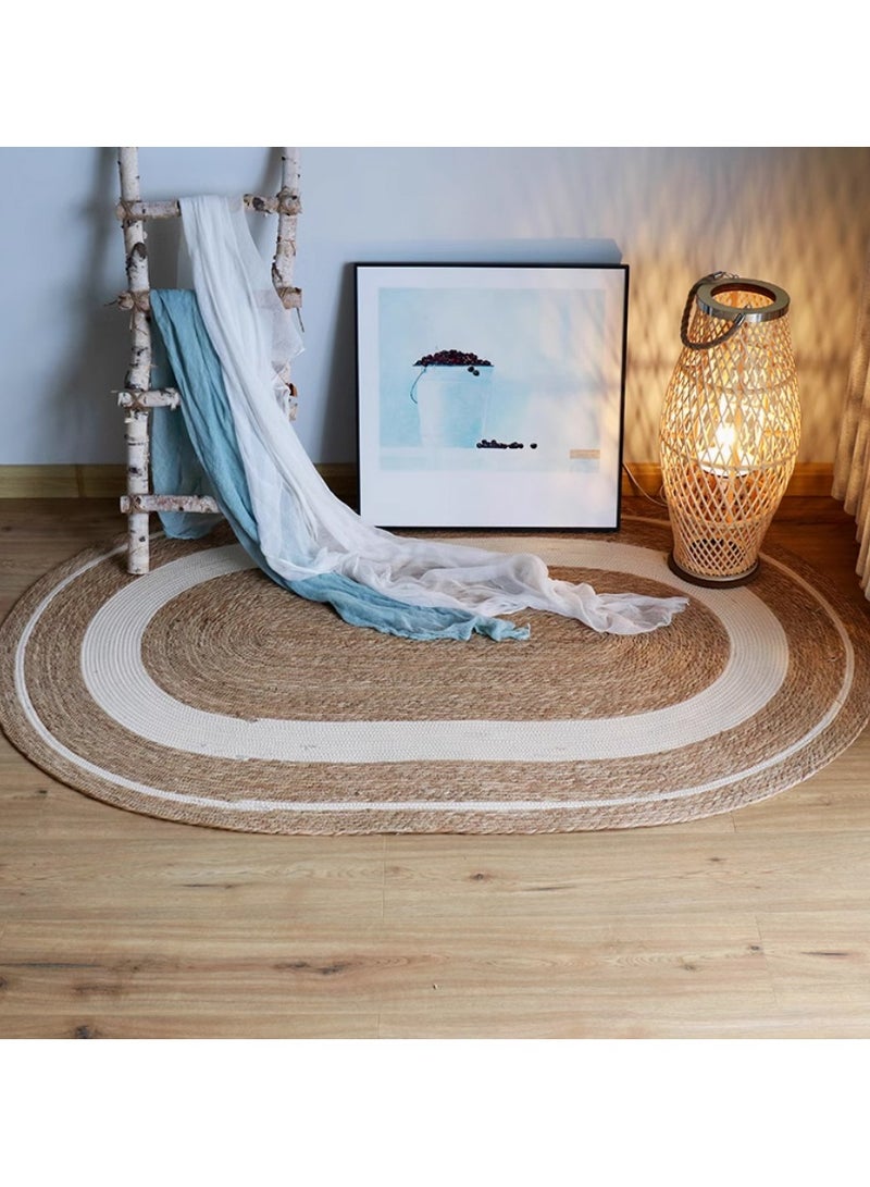 لينجوي سجادة الجوت سجادة بيضاوية من الجوت مع تصميم خط أبيض سجادة أرضية سجادة باب من الجوت لغرفة المعيشة وغرفة النوم سجادة منطقة البساط سجادة بيضاوية من الجوت باللون الأبيض للداخلية والخارجية - Image 5