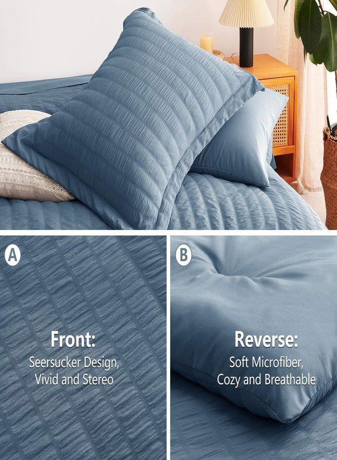 CozyLux Grayish Blue King Size Comforter Set Seersucker 7 Pieces Dusty Blue Bed in a Bag King Comforter Set with Sheets, Luxury Bedding Set with Down Alternative Comforter, Sheets, Pillowcases & Shams - Image 4