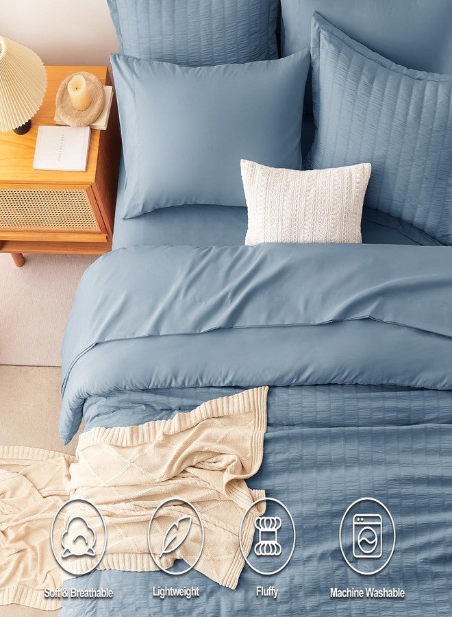 CozyLux Grayish Blue King Size Comforter Set Seersucker 7 Pieces Dusty Blue Bed in a Bag King Comforter Set with Sheets, Luxury Bedding Set with Down Alternative Comforter, Sheets, Pillowcases & Shams - Image 2