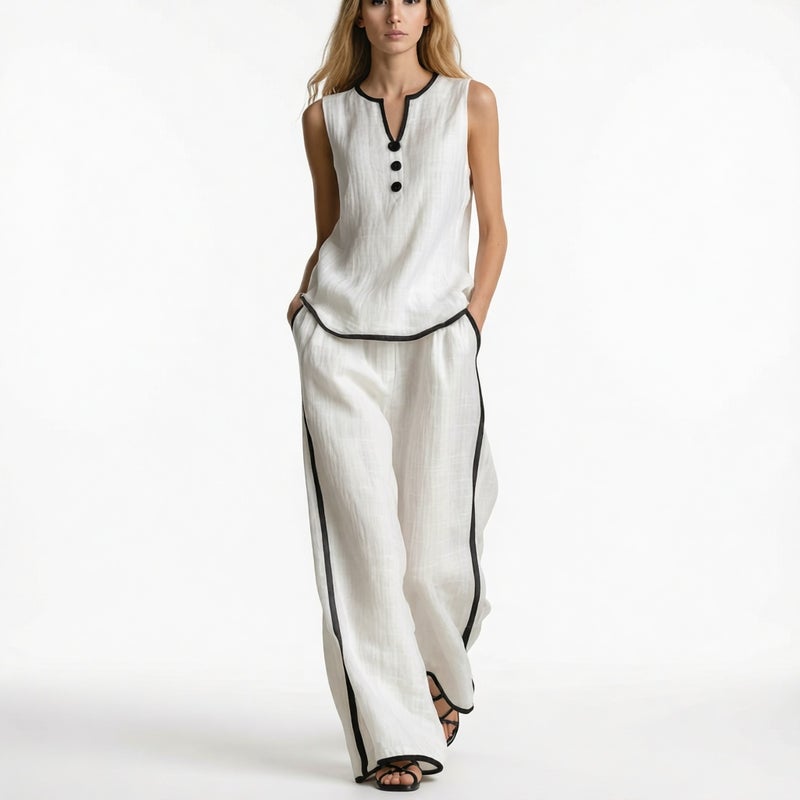 Women's V-Neck Contrast Two-Piece Set Sleeveless Blouse Wide Leg Pants Outfit - Image 2
