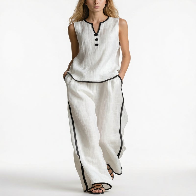 Women's V-Neck Contrast Two-Piece Set Sleeveless Blouse Wide Leg Pants Outfit - Image 3