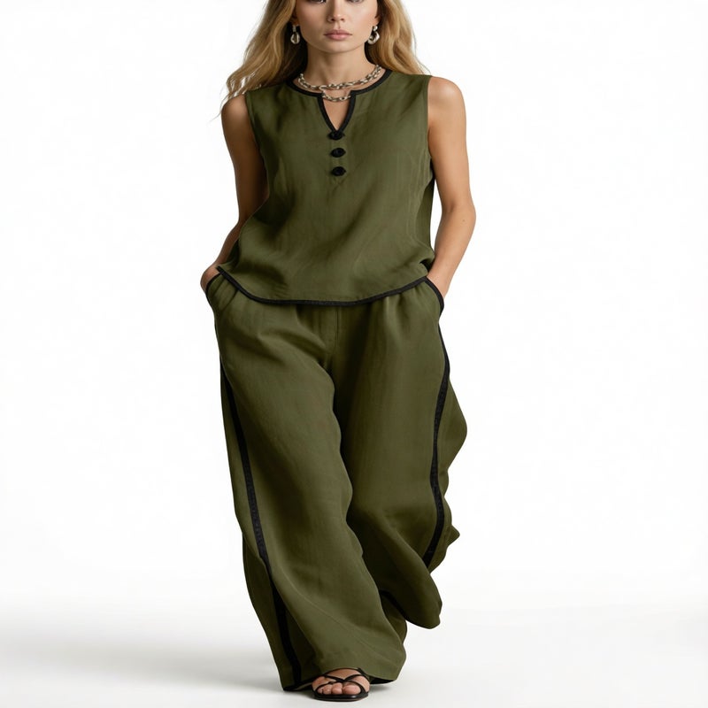 Women's V-Neck Contrast Two-Piece Set Sleeveless Blouse Wide Leg Pants Outfit - Image 5