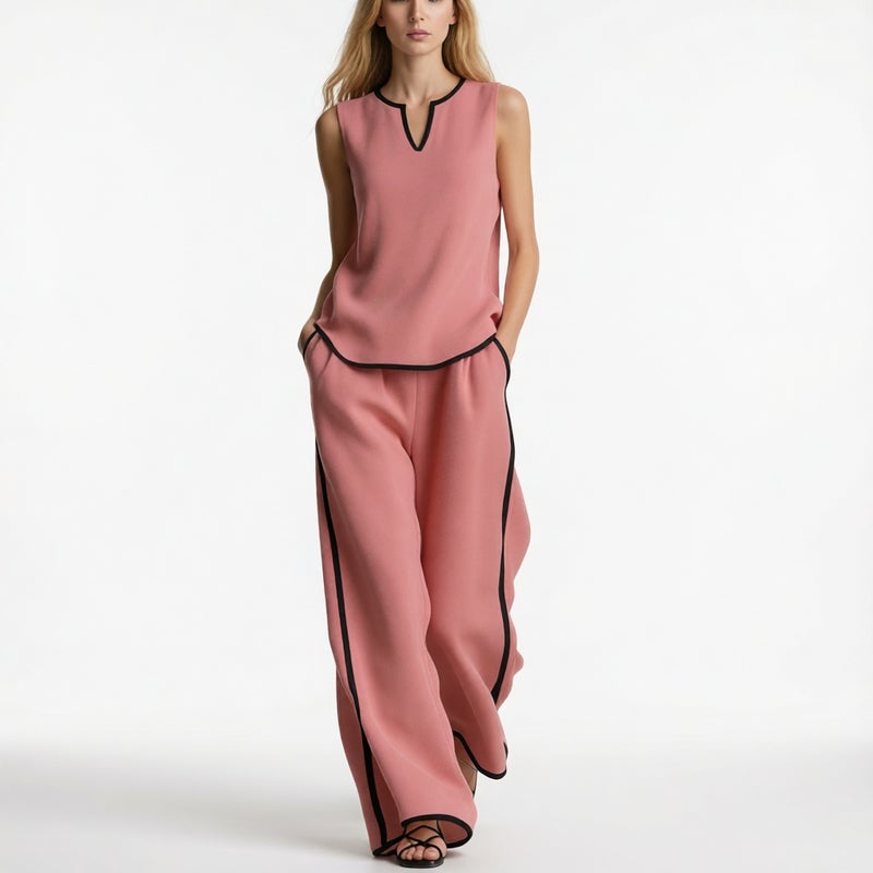 Women's V-Neck Contrast Two-Piece Set Sleeveless Blouse Wide Leg Pants Outfit - Image 1