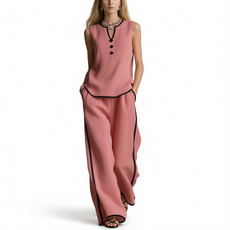 Women's V-Neck Contrast Two-Piece Set Sleeveless Blouse Wide Leg Pants Outfit - Image 4
