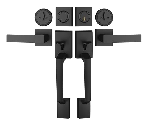 Camtek Matte Black Double Front Door Handle Set, French Door Locks for Double Doors with Smooth Deadbolt & Dummy Handle, Double Door Lock Easy to Install, Durable Construction for Front Door - Image 1