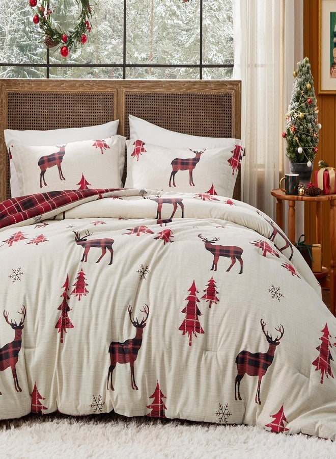Bedsure Christmas Comforter Set Twin - Christmas Bed Set with Reindeer, Soft Bedding for Holiday, 2 Pieces, 1 Reversible Buffalo Check Printed Comforter and 1 Pillow Sham - Image 1