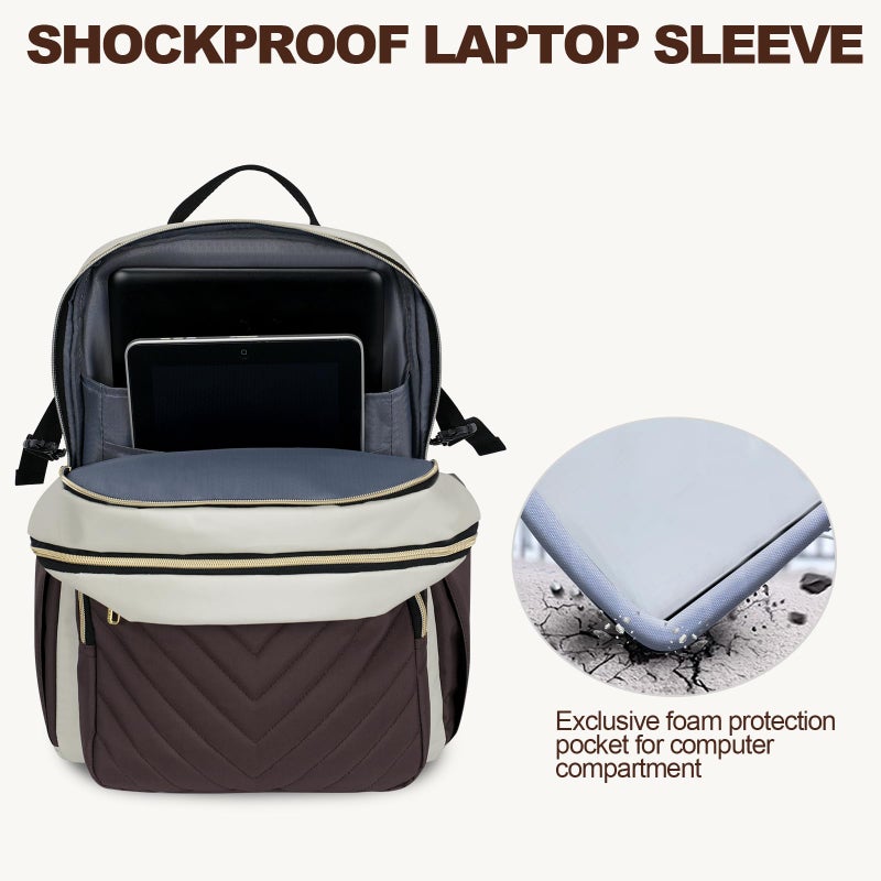 VANKEAN Laptop Backpack for Women with Pouch Pocket for Large Capacity Tumbler, 15.6 Inch Laptop Computer Bag Travel Backpack Purse,Waterproof Work Business College Teacher Bags, Beige-Coffee - Image 5
