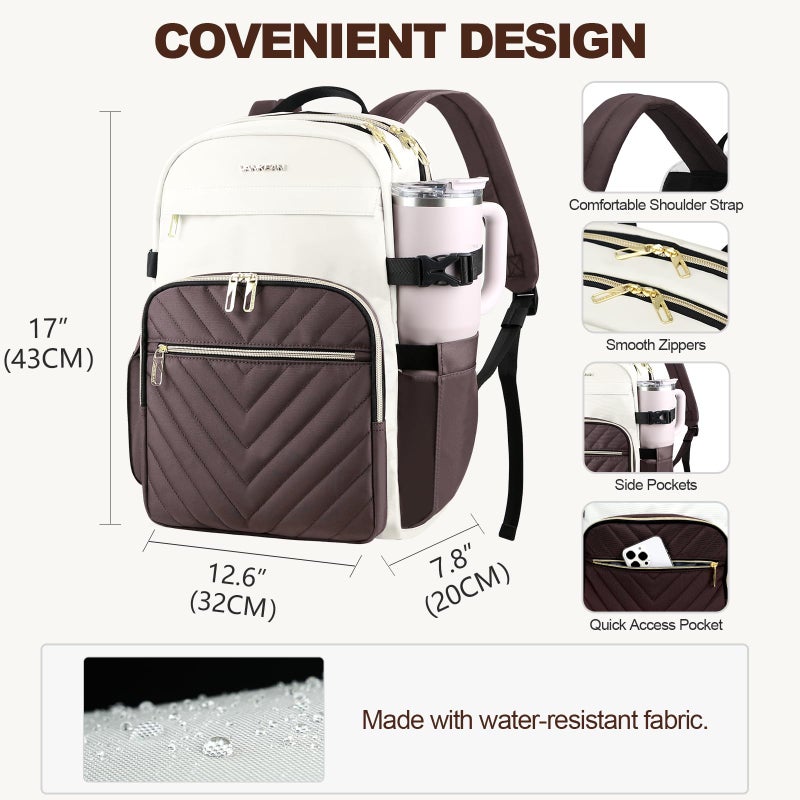 VANKEAN Laptop Backpack for Women with Pouch Pocket for Large Capacity Tumbler, 15.6 Inch Laptop Computer Bag Travel Backpack Purse,Waterproof Work Business College Teacher Bags, Beige-Coffee - Image 4