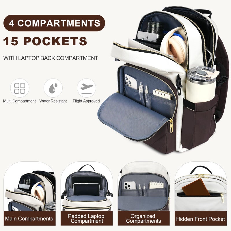 VANKEAN Laptop Backpack for Women with Pouch Pocket for Large Capacity Tumbler, 15.6 Inch Laptop Computer Bag Travel Backpack Purse,Waterproof Work Business College Teacher Bags, Beige-Coffee - Image 3
