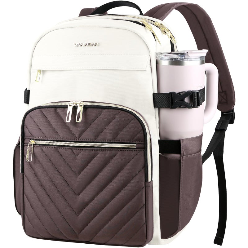 VANKEAN Laptop Backpack for Women with Pouch Pocket for Large Capacity Tumbler, 15.6 Inch Laptop Computer Bag Travel Backpack Purse,Waterproof Work Business College Teacher Bags, Beige-Coffee - Image 1