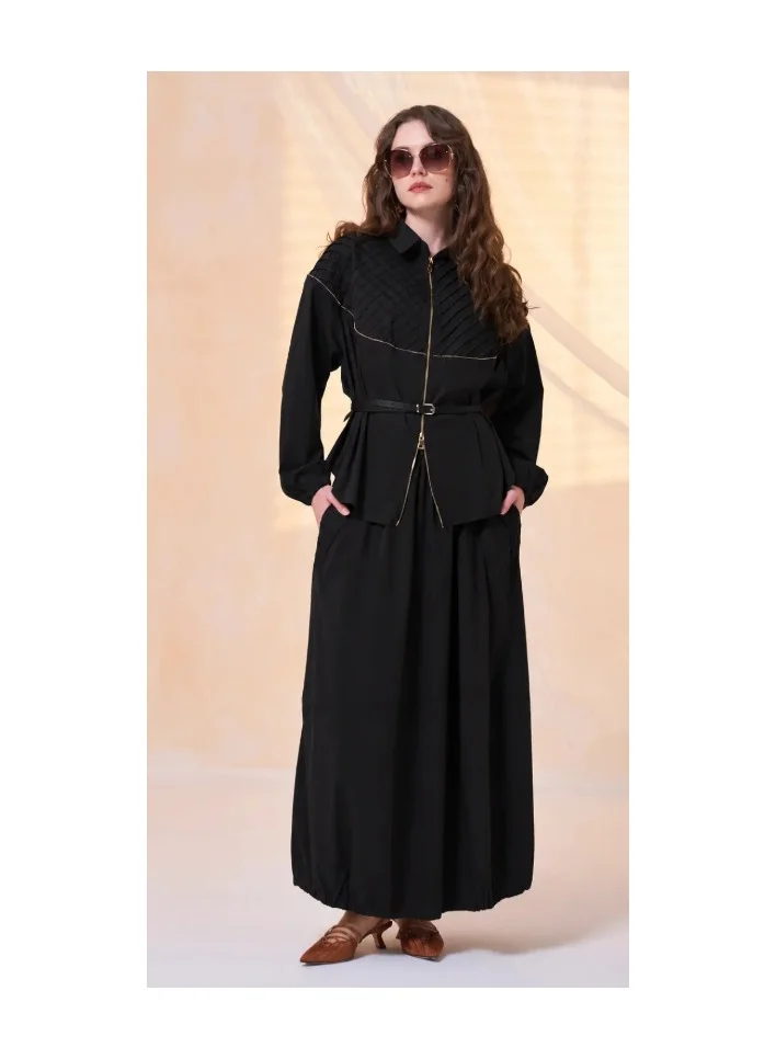 MissWhence Quilted Belted Maxi Set with Gold Zipper Detail - Black
