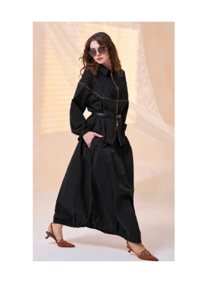 MissWhence Quilted Belted Maxi Set with Gold Zipper Detail - Black