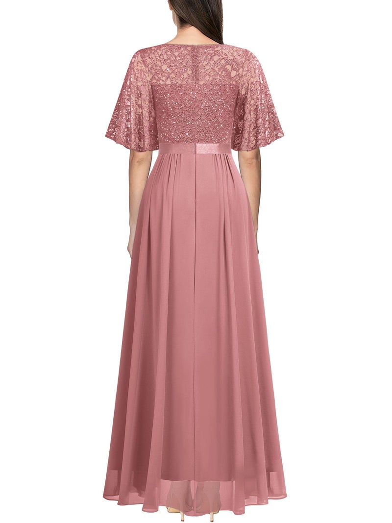 Miusol Women's Elegant Sequin Lace Butterfly Sleeve Formal Evening Maxi Dress (X-Large, Cinnamon Pink) - Image 2