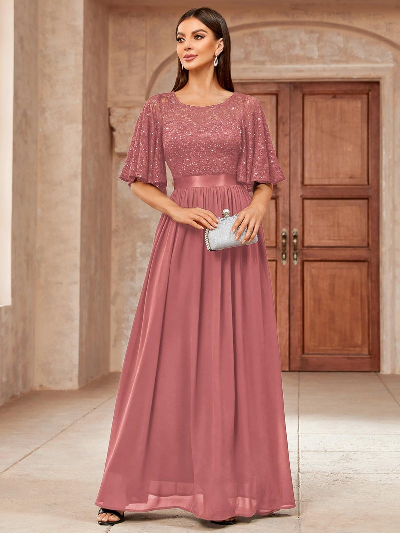Miusol Women's Elegant Sequin Lace Butterfly Sleeve Formal Evening Maxi Dress (X-Large, Cinnamon Pink) - Image 3