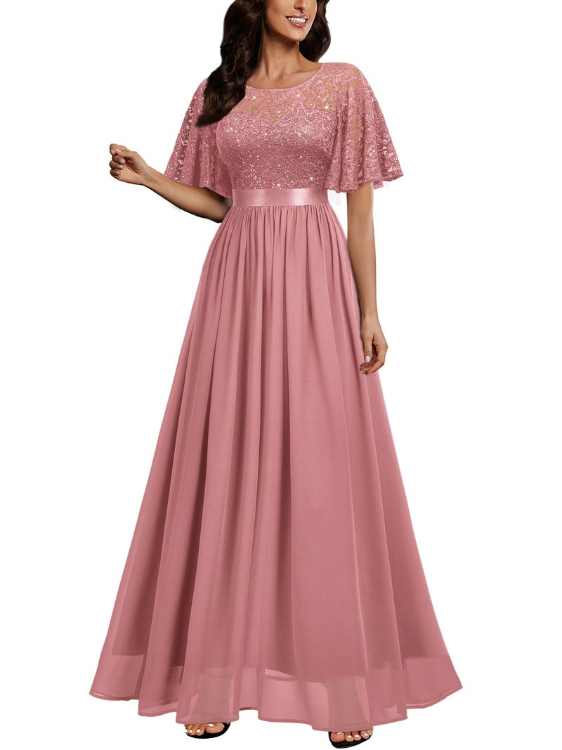 Miusol Women's Elegant Sequin Lace Butterfly Sleeve Formal Evening Maxi Dress (X-Large, Cinnamon Pink) - Image 1