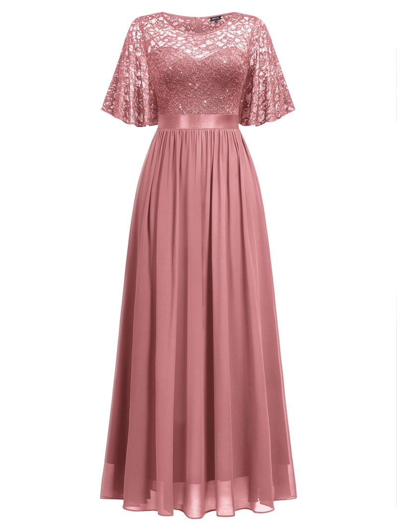 Miusol Women's Elegant Sequin Lace Butterfly Sleeve Formal Evening Maxi Dress (X-Large, Cinnamon Pink) - Image 5