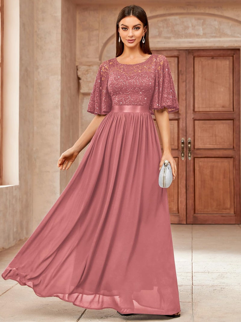Miusol Women's Elegant Sequin Lace Butterfly Sleeve Formal Evening Maxi Dress (X-Large, Cinnamon Pink) - Image 4